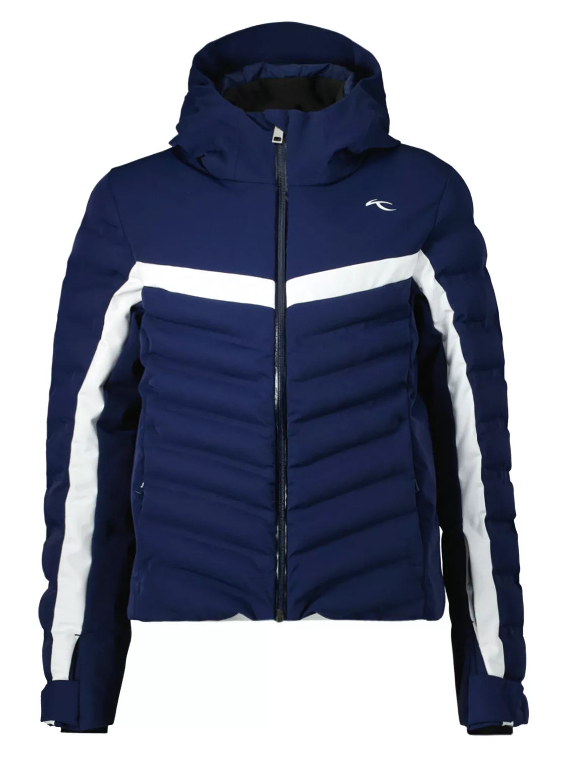 A navy blue Kjus Girls Mila Ski Jacket that features 20K waterproofing and breathability, premium 4-way stretch fabric, a powder skirt, and a detachable hood.