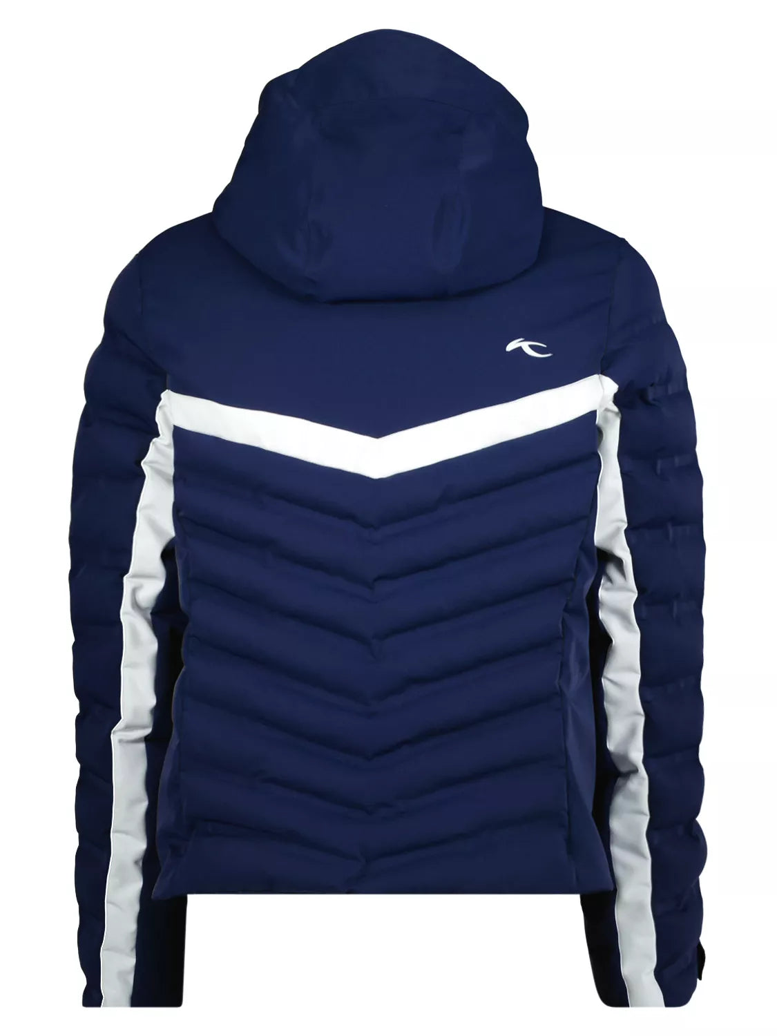 A navy blue Kjus Girls Mila Ski Jacket that features 20K waterproofing and breathability, premium 4-way stretch fabric, a powder skirt, and a detachable hood.