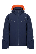 Front view of a blue Kjus Jr Boys’ Formula Jacket featuring 4-way stretch waterproof fabric, Fast Thermo Core insulation, water-repellent zippers, and the KJUS-GROW sleeve extension system.