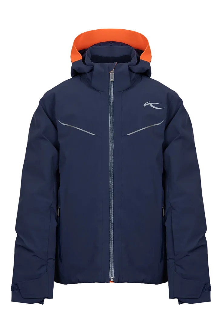 Front view of a blue Kjus Jr Boys’ Formula Jacket featuring 4-way stretch waterproof fabric, Fast Thermo Core insulation, water-repellent zippers, and the KJUS-GROW sleeve extension system.