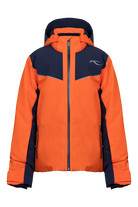 Front view of an orange Kjus Jr Boys’ Formula Jacket featuring 4-way stretch waterproof fabric, Fast Thermo Core insulation, water-repellent zippers, and the KJUS-GROW sleeve extension system.