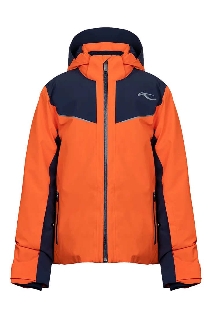 Front view of an orange Kjus Jr Boys’ Formula Jacket featuring 4-way stretch waterproof fabric, Fast Thermo Core insulation, water-repellent zippers, and the KJUS-GROW sleeve extension system.