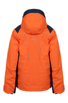 Rear view of an orange Kjus Jr Boys’ Formula Jacket featuring 4-way stretch waterproof fabric, Fast Thermo Core insulation, water-repellent zippers, and the KJUS-GROW sleeve extension system.