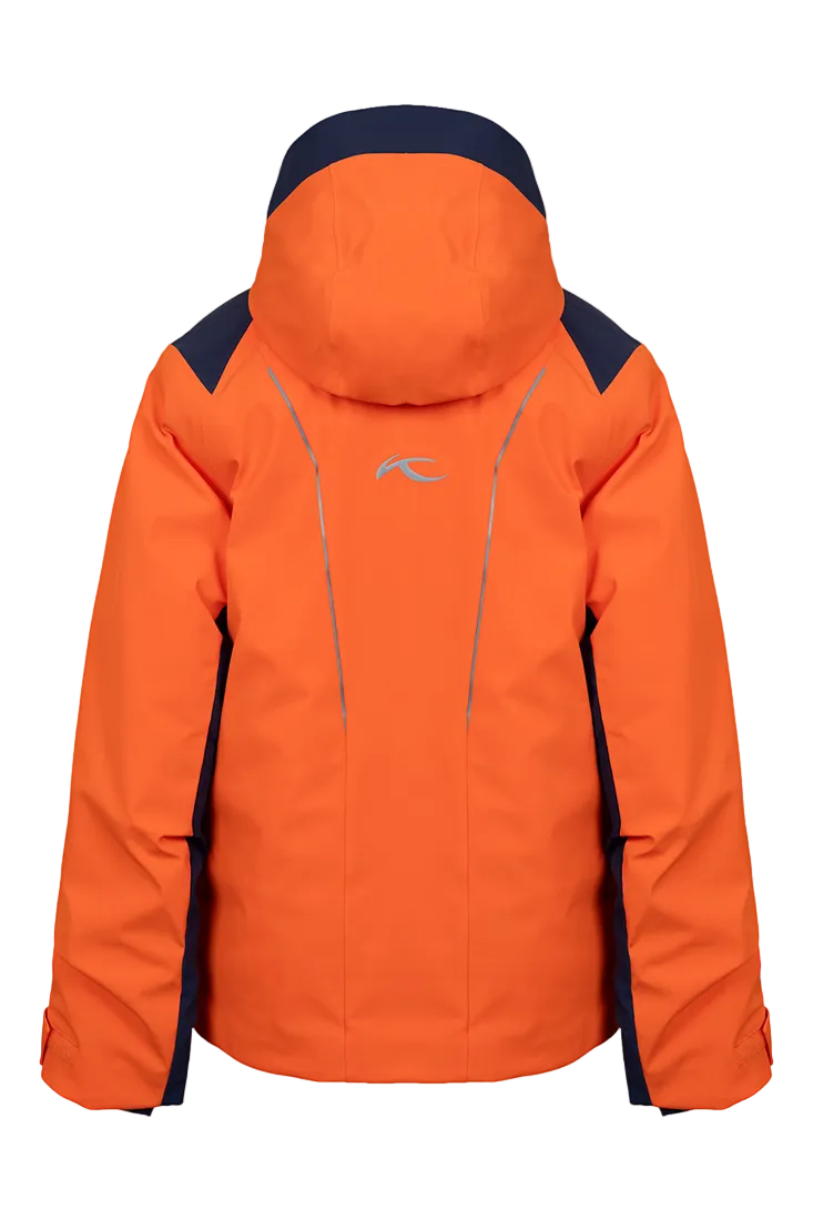 Rear view of an orange Kjus Jr Boys’ Formula Jacket featuring 4-way stretch waterproof fabric, Fast Thermo Core insulation, water-repellent zippers, and the KJUS-GROW sleeve extension system.