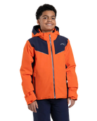 Front view of an orange Kjus Jr Boys’ Formula Jacket featuring 4-way stretch waterproof fabric, Fast Thermo Core insulation, water-repellent zippers, and the KJUS-GROW sleeve extension system.