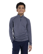Front view of the Kjus Jr Boys’ Keano Half-Zip featuring soft brushed-back fabric, a half-zip stand-up collar, multi-directional stretch, and flatlock seam construction.