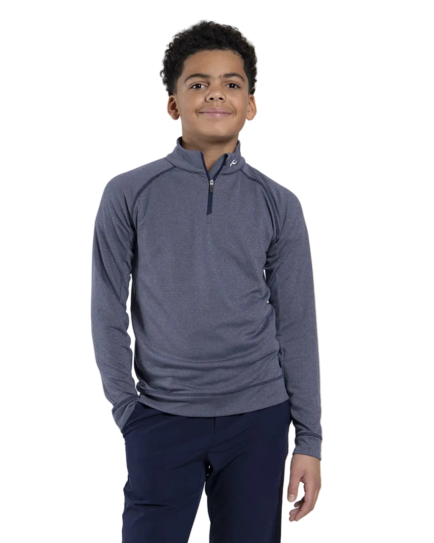 Front view of the Kjus Jr Boys’ Keano Half-Zip featuring soft brushed-back fabric, a half-zip stand-up collar, multi-directional stretch, and flatlock seam construction.
