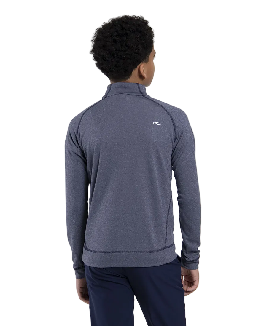 Rear view of the Kjus Jr Boys’ Keano Half-Zip featuring soft brushed-back fabric, a half-zip stand-up collar, multi-directional stretch, and flatlock seam construction.