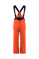 Front view of orange Kjus Jr Boys’ Vector Max Pants featuring 2-layer waterproof fabric, Fast Thermo Core insulation, water-repellent zippers, reinforced scuff guards, and the KJUS-GROW leg extension system.