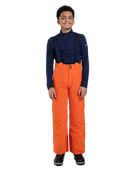 Front view of orange Kjus Jr Boys’ Vector Max Pants featuring 2-layer waterproof fabric, Fast Thermo Core insulation, water-repellent zippers, reinforced scuff guards, and the KJUS-GROW leg extension system.