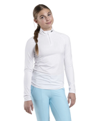 Front view of a white Kjus Jr Girls’ Shasta Midlayer Half-Zip featuring soft brushed-back fabric, a half-zip stand-up collar, multi-directional stretch, and flatlock seam construction.