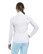 Rear view of a white Kjus Jr Girls’ Shasta Midlayer Half-Zip featuring soft brushed-back fabric, a half-zip stand-up collar, multi-directional stretch, and flatlock seam construction.