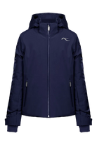 Front view of an Atlanta blue Kjus Jr Girls’ Snowfall Jacket featuring 4-way stretch waterproof fabric, Fast Thermo Core insulation, water-repellent zippers, and the KJUS-GROW sleeve extension system.