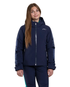 Front view of an Atlanta blue Kjus Jr Girls’ Snowfall Jacket featuring 4-way stretch waterproof fabric, Fast Thermo Core insulation, water-repellent zippers, and the KJUS-GROW sleeve extension system.