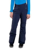 Front view of Atlanta Blue Kjus Jr Girls’ Whiteout Pants featuring 2-layer waterproof fabric, Fast Thermo Core insulation, water-repellent zippers, reinforced scuff guards, and the KJUS-GROW leg extension system.