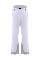 Front view of white/alloy Kjus Jr Girls’ Whiteout Pants featuring 2-layer waterproof fabric, Fast Thermo Core insulation, water-repellent zippers, reinforced scuff guards, and the KJUS-GROW leg extension system.
