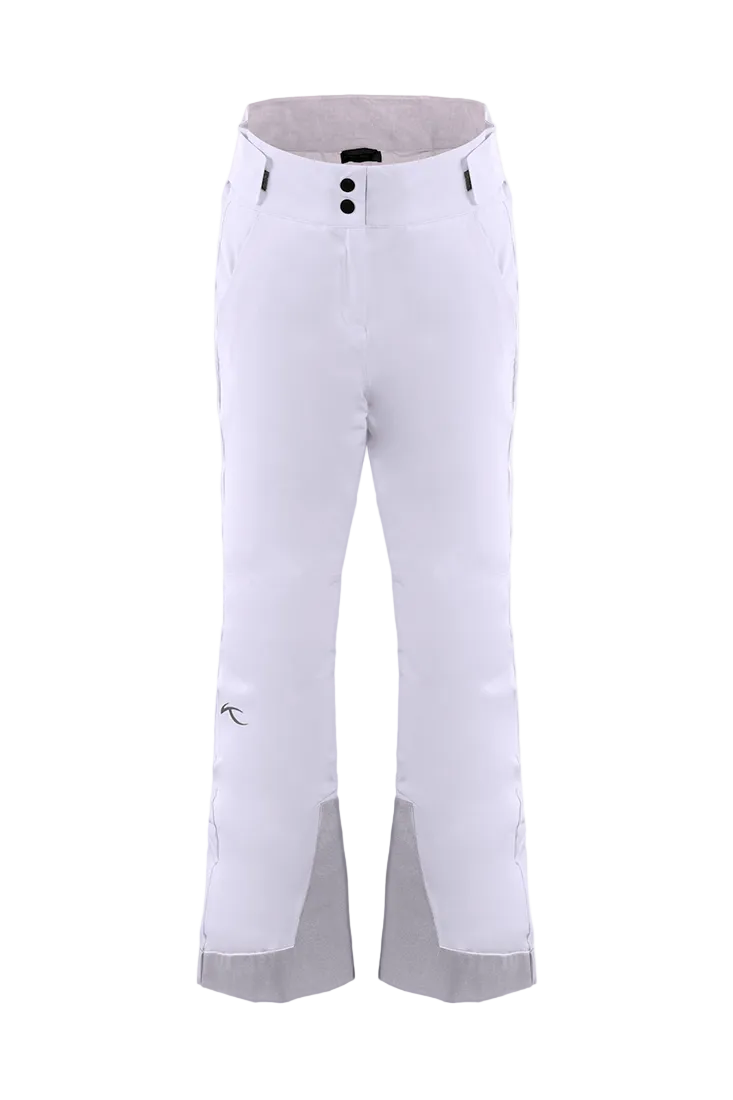 Front view of white/alloy Kjus Jr Girls’ Whiteout Pants featuring 2-layer waterproof fabric, Fast Thermo Core insulation, water-repellent zippers, reinforced scuff guards, and the KJUS-GROW leg extension system.