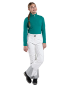 Front view of white/alloy Kjus Jr Girls’ Whiteout Pants featuring 2-layer waterproof fabric, Fast Thermo Core insulation, water-repellent zippers, reinforced scuff guards, and the KJUS-GROW leg extension system.