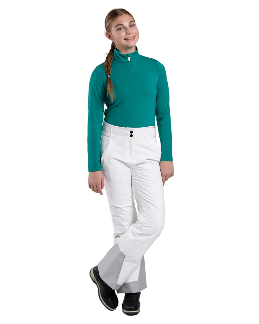 Front view of white/alloy Kjus Jr Girls’ Whiteout Pants featuring 2-layer waterproof fabric, Fast Thermo Core insulation, water-repellent zippers, reinforced scuff guards, and the KJUS-GROW leg extension system.