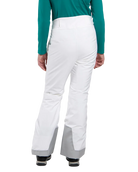 Rear view of white/alloy Kjus Jr Girls’ Whiteout Pants featuring 2-layer waterproof fabric, Fast Thermo Core insulation, water-repellent zippers, reinforced scuff guards, and the KJUS-GROW leg extension system.