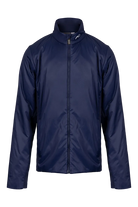 Front view of an Atlanta blue Kjus Jr Radiation Jacket featuring windproof water-repellent fabric, synthetic insulation, stretch side panels, and a full-zip front with chin guard.