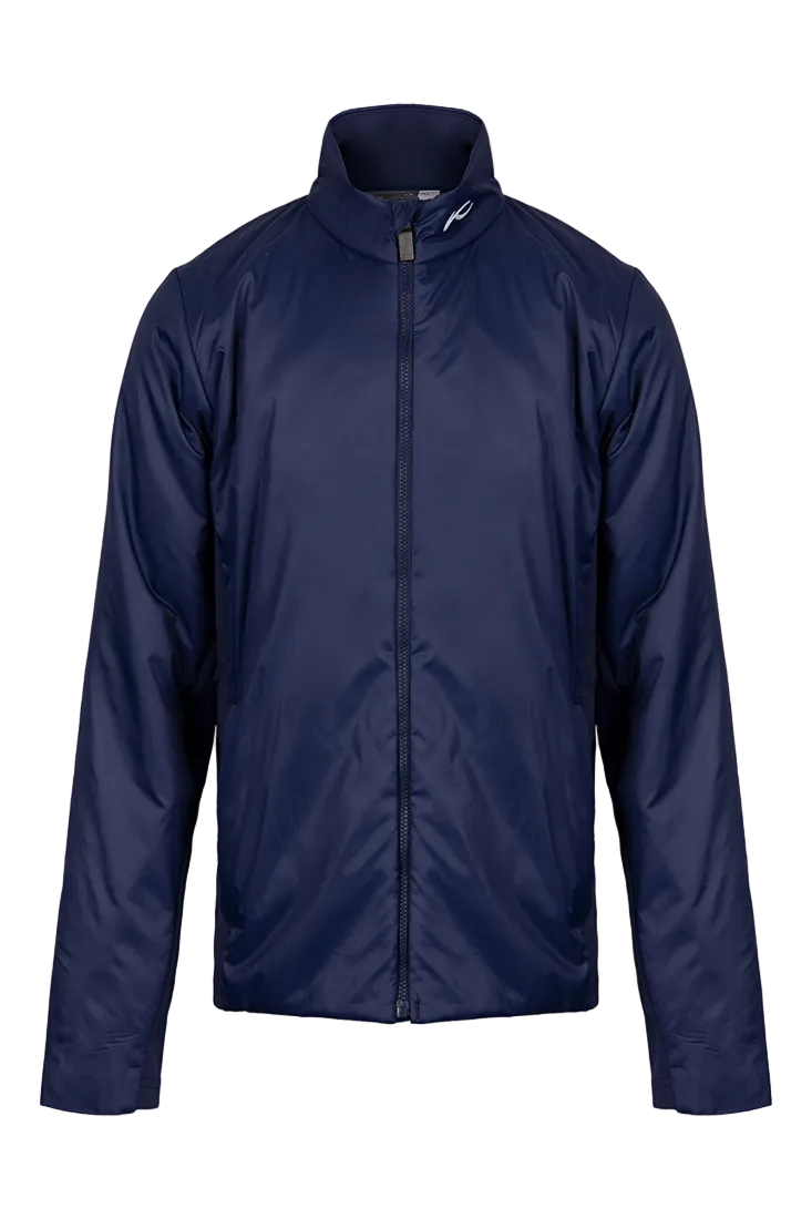 Front view of an Atlanta blue Kjus Jr Radiation Jacket featuring windproof water-repellent fabric, synthetic insulation, stretch side panels, and a full-zip front with chin guard.
