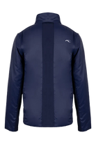 Rear view of an Atlanta blue Kjus Jr Radiation Jacket featuring windproof water-repellent fabric, synthetic insulation, stretch side panels, and a full-zip front with chin guard.