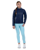 Front view of an Atlanta blue Kjus Jr Radiation Jacket featuring windproof water-repellent fabric, synthetic insulation, stretch side panels, and a full-zip front with chin guard.