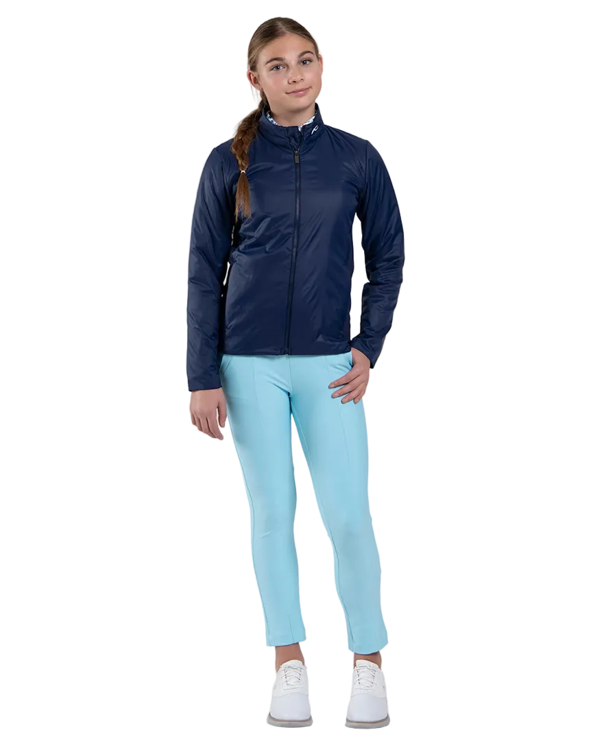 Front view of an Atlanta blue Kjus Jr Radiation Jacket featuring windproof water-repellent fabric, synthetic insulation, stretch side panels, and a full-zip front with chin guard.