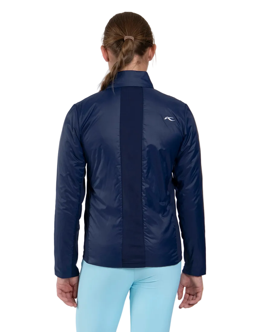 Rear view of an Atlanta blue Kjus Jr Radiation Jacket featuring windproof water-repellent fabric, synthetic insulation, stretch side panels, and a full-zip front with chin guard.