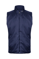 Front view of an Atlanta blue Kjus Jr Radiation Vest featuring windproof water-repellent fabric, synthetic insulation, stretch side panels, and a full-zip front with chin guard.