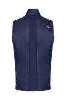 Rear view of an Atlanta blue Kjus Jr Radiation Vest featuring windproof water-repellent fabric, synthetic insulation, stretch side panels, and a full-zip front with chin guard.