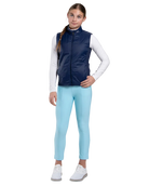 Front view of an Atlanta blue Kjus Jr Radiation Vest featuring windproof water-repellent fabric, synthetic insulation, stretch side panels, and a full-zip front with chin guard.
