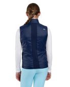 Rear view of an Atlanta blue Kjus Jr Radiation Vest featuring windproof water-repellent fabric, synthetic insulation, stretch side panels, and a full-zip front with chin guard.