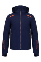 Front view of a navy Kjus Men’s Cirque Jacket featuring 4-way stretch waterproof fabric, zoned down insulation, water-repellent zippers, AC-Vent forearm ports, and a detachable helmet-compatible hood.