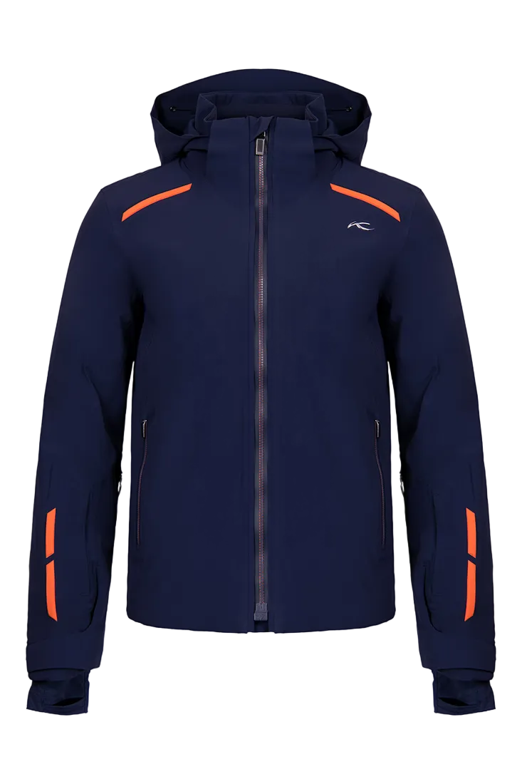 Front view of a navy Kjus Men’s Cirque Jacket featuring 4-way stretch waterproof fabric, zoned down insulation, water-repellent zippers, AC-Vent forearm ports, and a detachable helmet-compatible hood.