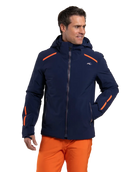 Front view of a navy Kjus Men’s Cirque Jacket featuring 4-way stretch waterproof fabric, zoned down insulation, water-repellent zippers, AC-Vent forearm ports, and a detachable helmet-compatible hood.