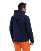Rear view of a navy Kjus Men’s Cirque Jacket featuring 4-way stretch waterproof fabric, zoned down insulation, water-repellent zippers, AC-Vent forearm ports, and a detachable helmet-compatible hood.