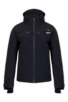 Front view of a black Kjus Men’s Formula Jacket featuring 4-way stretch waterproof fabric, Fast Thermo Core insulation, water-repellent zippers, AC-Vent forearm ports, and a detachable helmet-compatible hood.