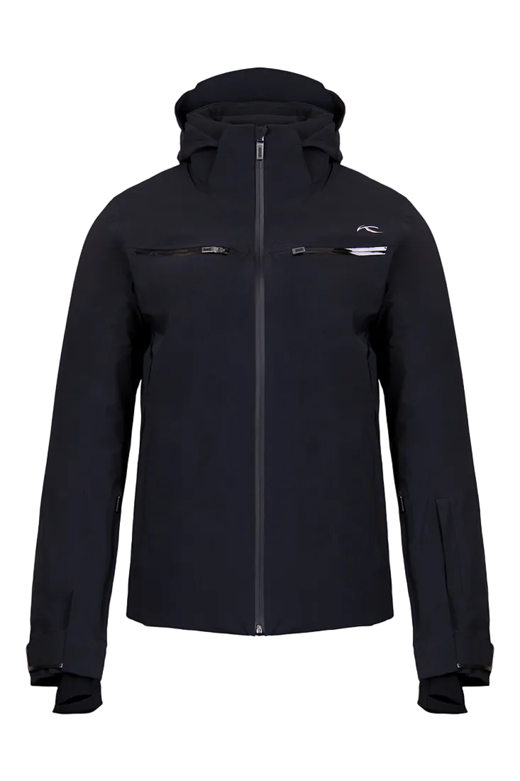 Front view of a black Kjus Men’s Formula Jacket featuring 4-way stretch waterproof fabric, Fast Thermo Core insulation, water-repellent zippers, AC-Vent forearm ports, and a detachable helmet-compatible hood.