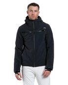 Front view of a black Kjus Men’s Formula Jacket featuring 4-way stretch waterproof fabric, Fast Thermo Core insulation, water-repellent zippers, AC-Vent forearm ports, and a detachable helmet-compatible hood.