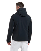 Rear view of a black Kjus Men’s Formula Jacket featuring 4-way stretch waterproof fabric, Fast Thermo Core insulation, water-repellent zippers, AC-Vent forearm ports, and a detachable helmet-compatible hood.