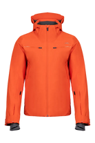 Front view of an orange Kjus Men’s Formula Jacket featuring 4-way stretch waterproof fabric, Fast Thermo Core insulation, water-repellent zippers, AC-Vent forearm ports, and a detachable helmet-compatible hood.