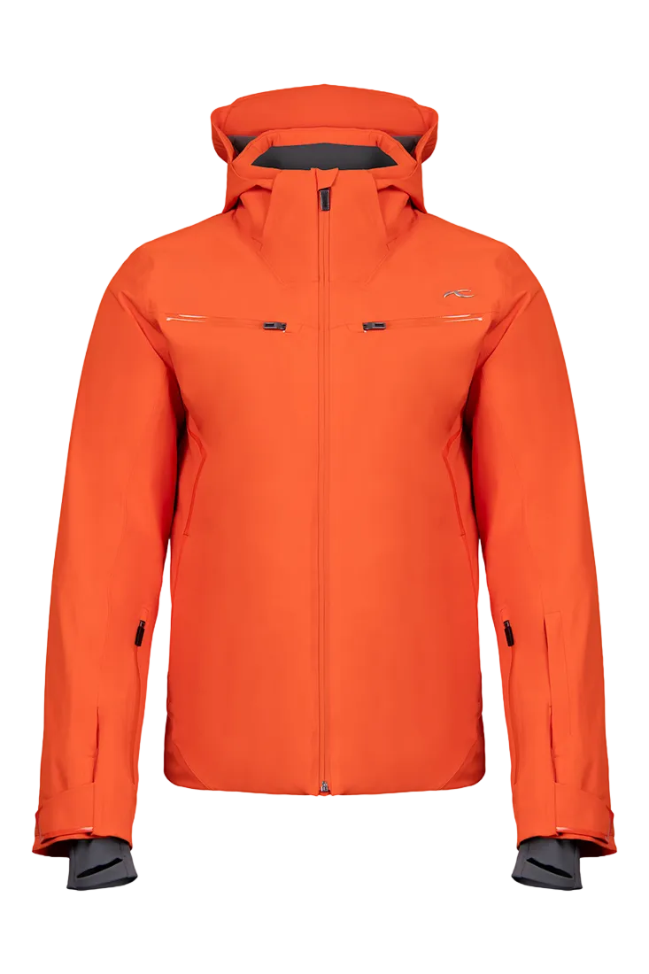 Front view of an orange Kjus Men’s Formula Jacket featuring 4-way stretch waterproof fabric, Fast Thermo Core insulation, water-repellent zippers, AC-Vent forearm ports, and a detachable helmet-compatible hood.
