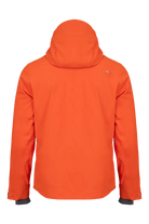 Rear view of an orange Kjus Men’s Formula Jacket featuring 4-way stretch waterproof fabric, Fast Thermo Core insulation, water-repellent zippers, AC-Vent forearm ports, and a detachable helmet-compatible hood.