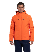 Front view of an orange Kjus Men’s Formula Jacket featuring 4-way stretch waterproof fabric, Fast Thermo Core insulation, water-repellent zippers, AC-Vent forearm ports, and a detachable helmet-compatible hood.