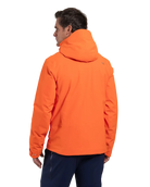 Rear view of an orange Kjus Men’s Formula Jacket featuring 4-way stretch waterproof fabric, Fast Thermo Core insulation, water-repellent zippers, AC-Vent forearm ports, and a detachable helmet-compatible hood.