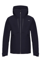 Front view of a black Kjus Men’s Frx Lucas Shell Jacket featuring 3-layer waterproof membrane fabric, water-repellent zippers, AC-Vent ventilation ports, and an adjustable helmet-compatible hood.