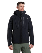 Front view of a black Kjus Men’s Frx Lucas Shell Jacket featuring 3-layer waterproof membrane fabric, water-repellent zippers, AC-Vent ventilation ports, and an adjustable helmet-compatible hood.