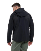 Rear view of a black Kjus Men’s Frx Lucas Shell Jacket featuring 3-layer waterproof membrane fabric, water-repellent zippers, AC-Vent ventilation ports, and an adjustable helmet-compatible hood.